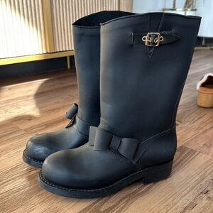 Women’s Red Valentino Bow Tie Moto Rain Boots in Black